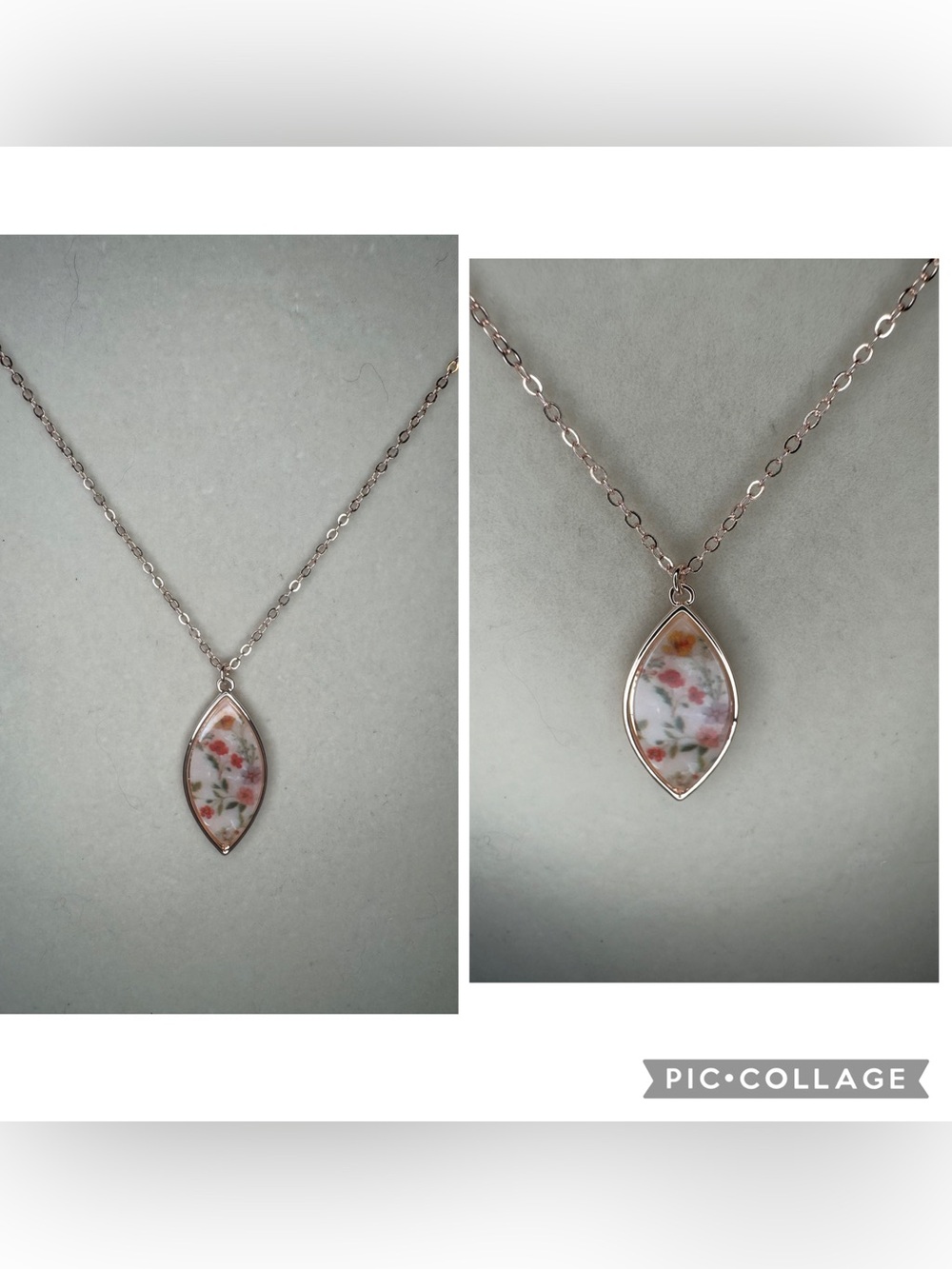 New Floral Marquise Pendant Necklace - White and Pink Flower Inlay, rose gold